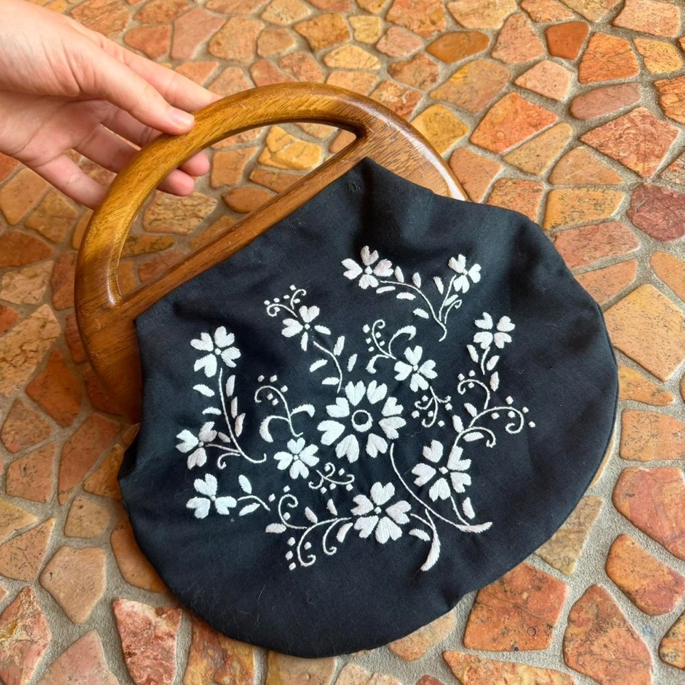 Black Floral Embroidered Tote with Wooden Handles